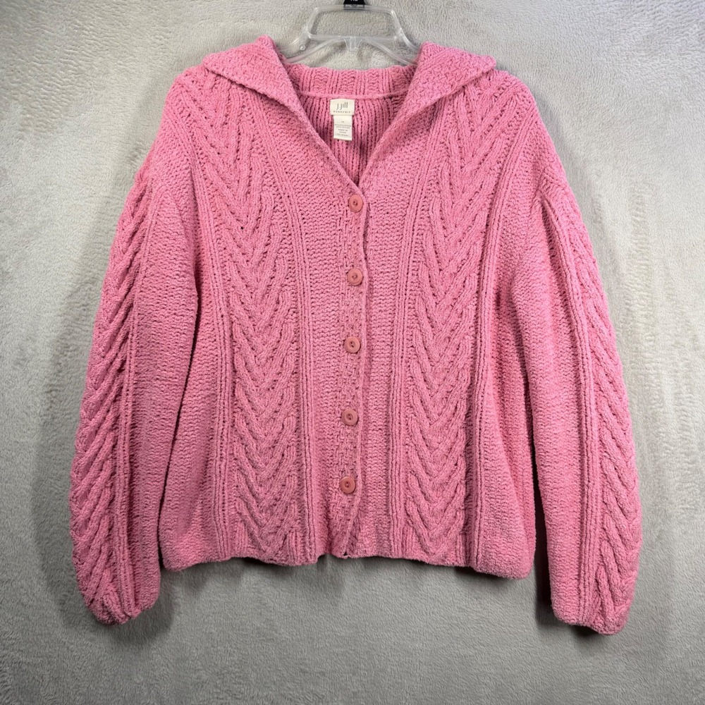 J. Jill Handknit Cardigan Women M Pink Cable Knit Button Front Sweater 5608